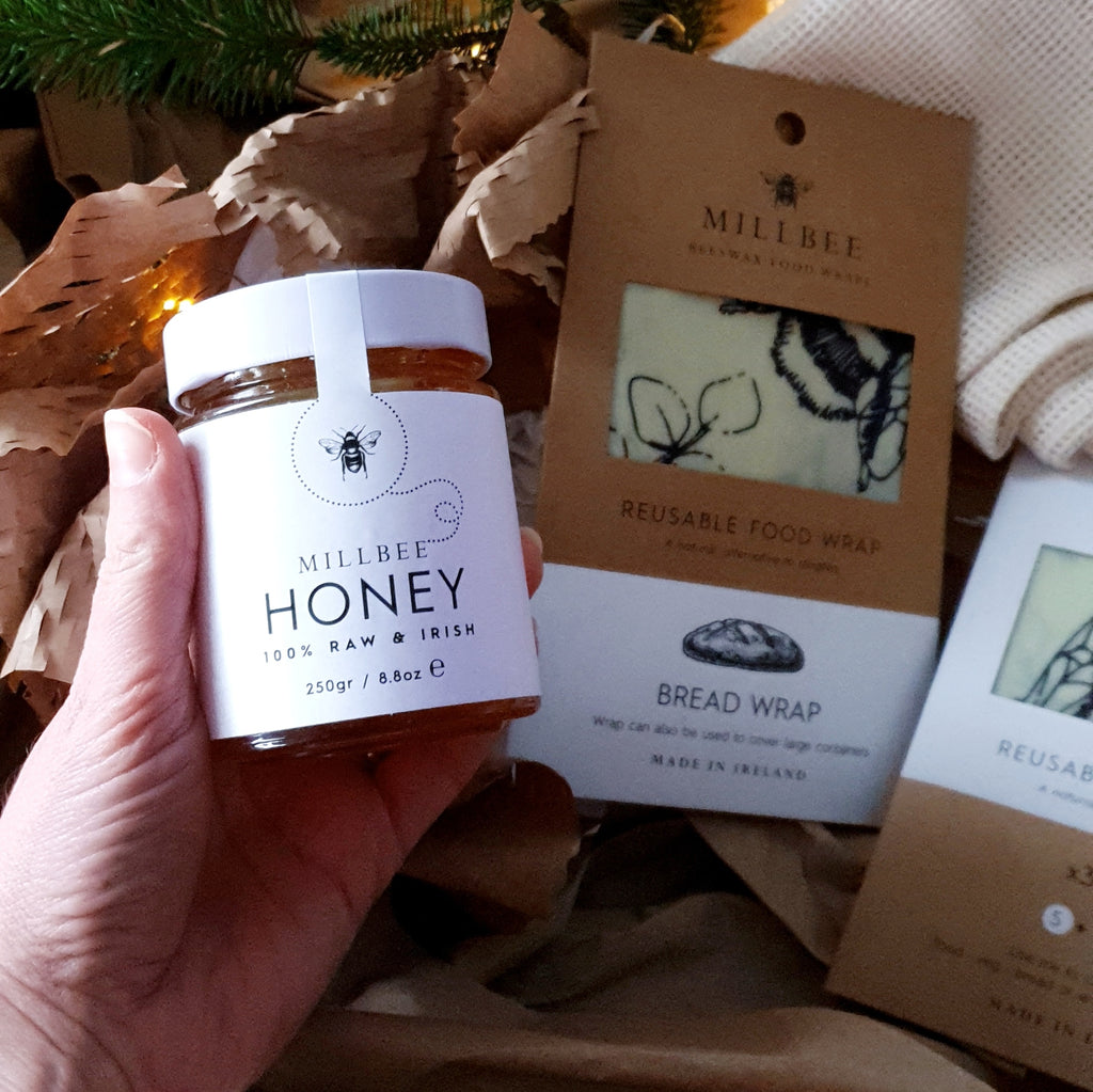 Millbee Foodie Gifts Bundle ~ Beeswax wraps (variety & bread wrap), local honey & organic cotton produce bag - millbee.com