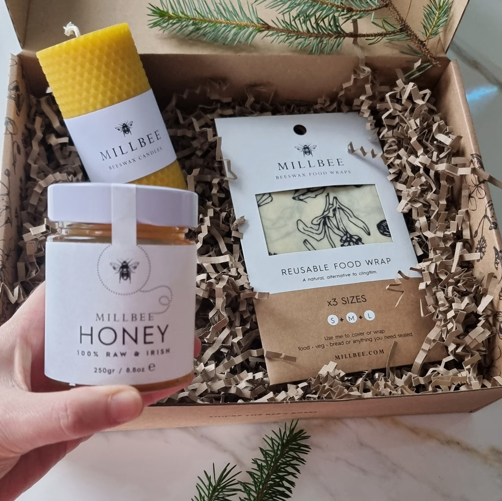 Honey Hamper ~ Beeswax pillar candle, Beeswax wraps variety pack, local honey - millbee.com