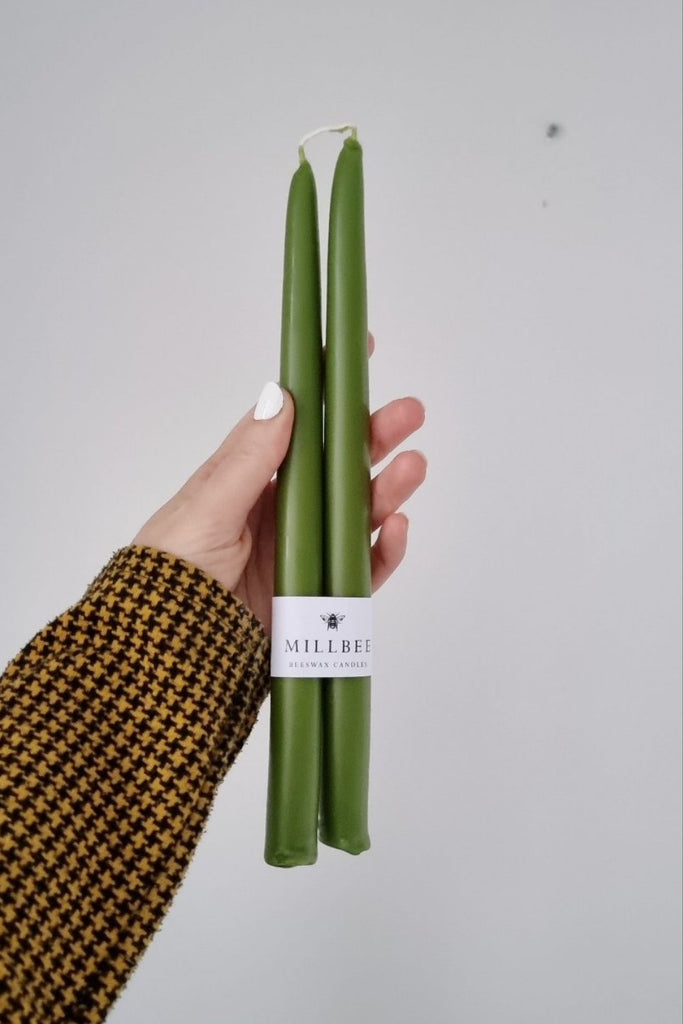 Beeswax dipped green candles - millbee.com