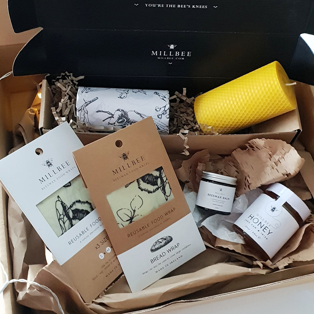 Millbee Gifts Bundle - Beeswax wraps (variety & bread wrap), balm, local honey & pillar candle gift set - millbee.com